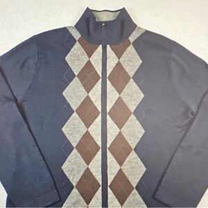 Banana Republic Men's Zip-Up Sweater - Navy and Brown Argyle